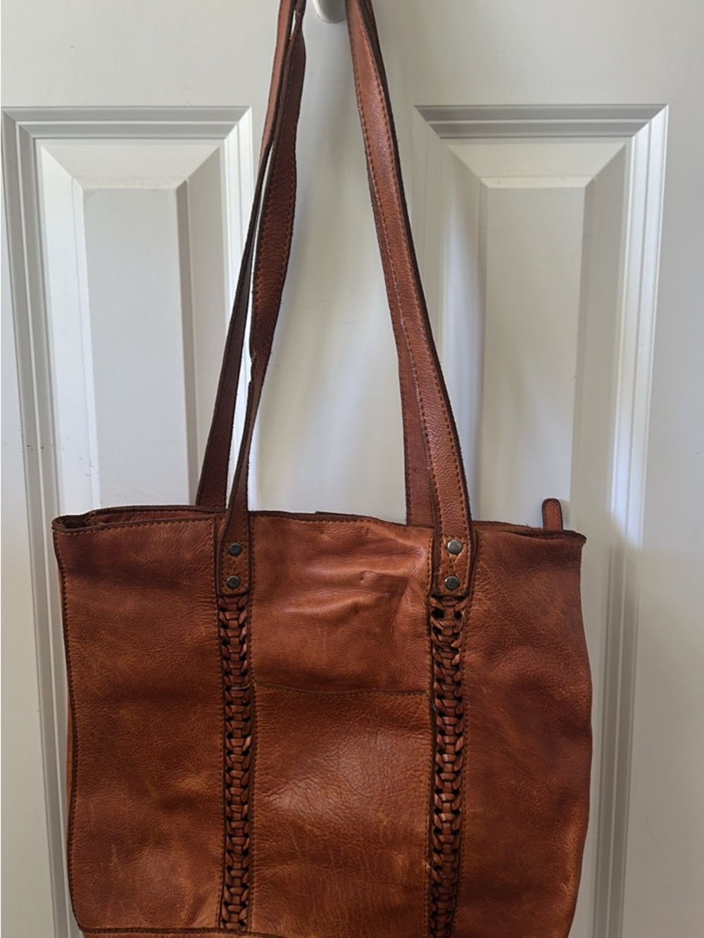 Braided Detail Leather Tote in Cognac Brown